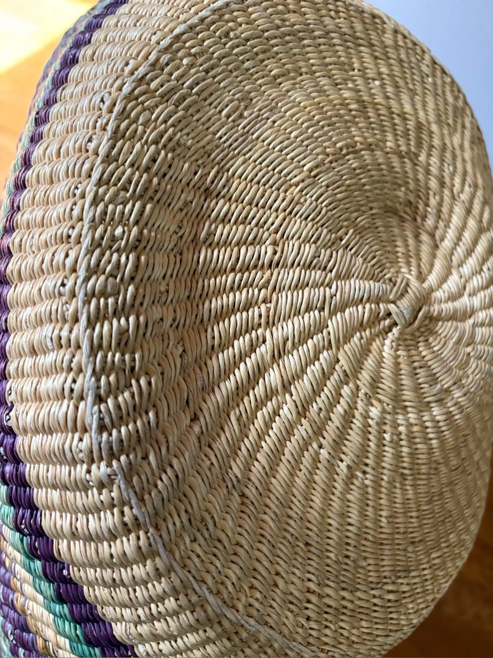 Woven Straw Tote Bag with Leather Handles - Green & Purple